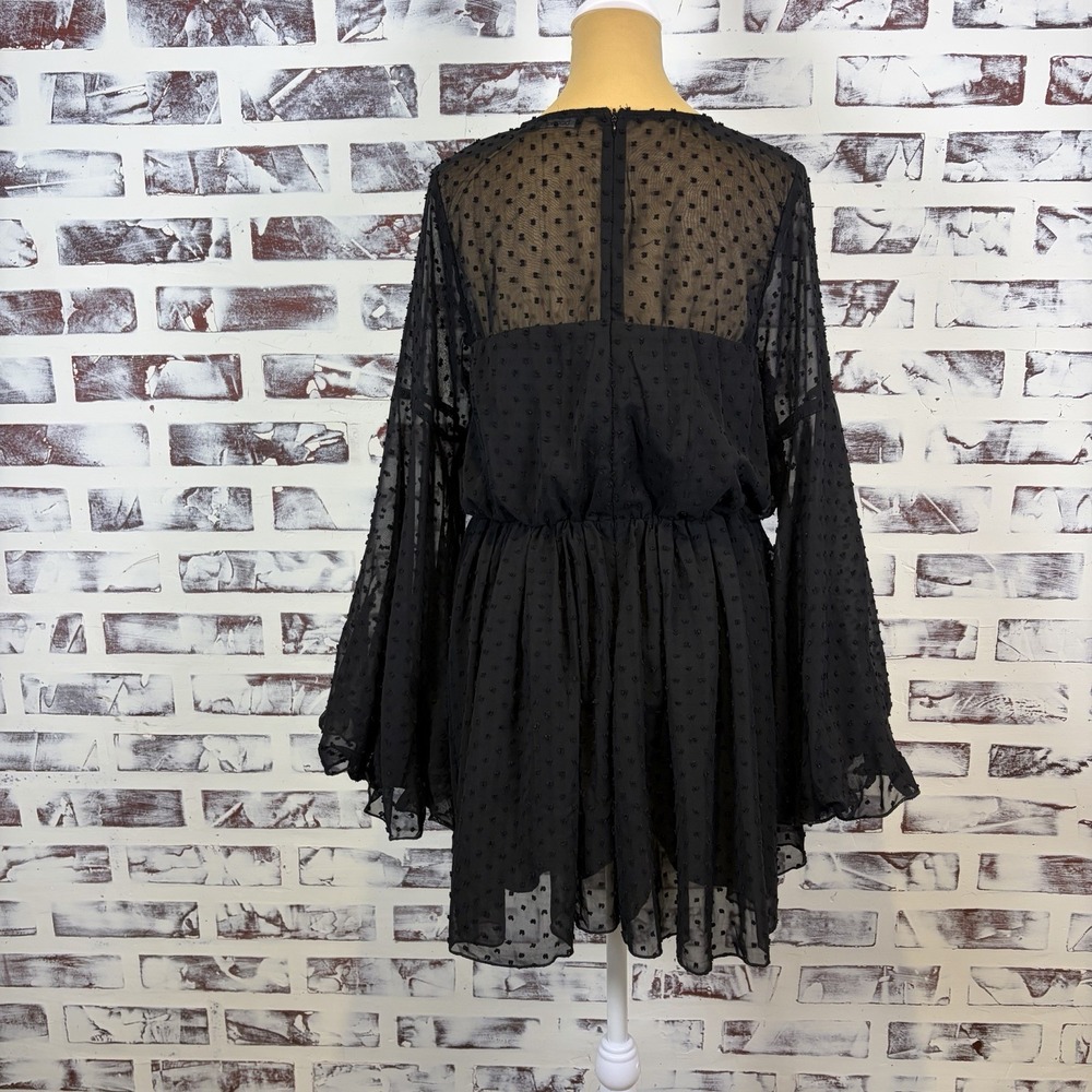 Boohoo Romper Size 6 Black Sheer Swiss Dot Flowy‎ Dark Fairy Boho Whimsical Glam - Picture 2 of 10
